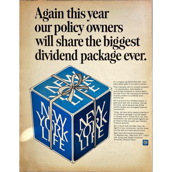 New York Life "Policy Holders Share biggest Dividend Package" Vtg  Print Ad 1968 - Picture 1 of 3